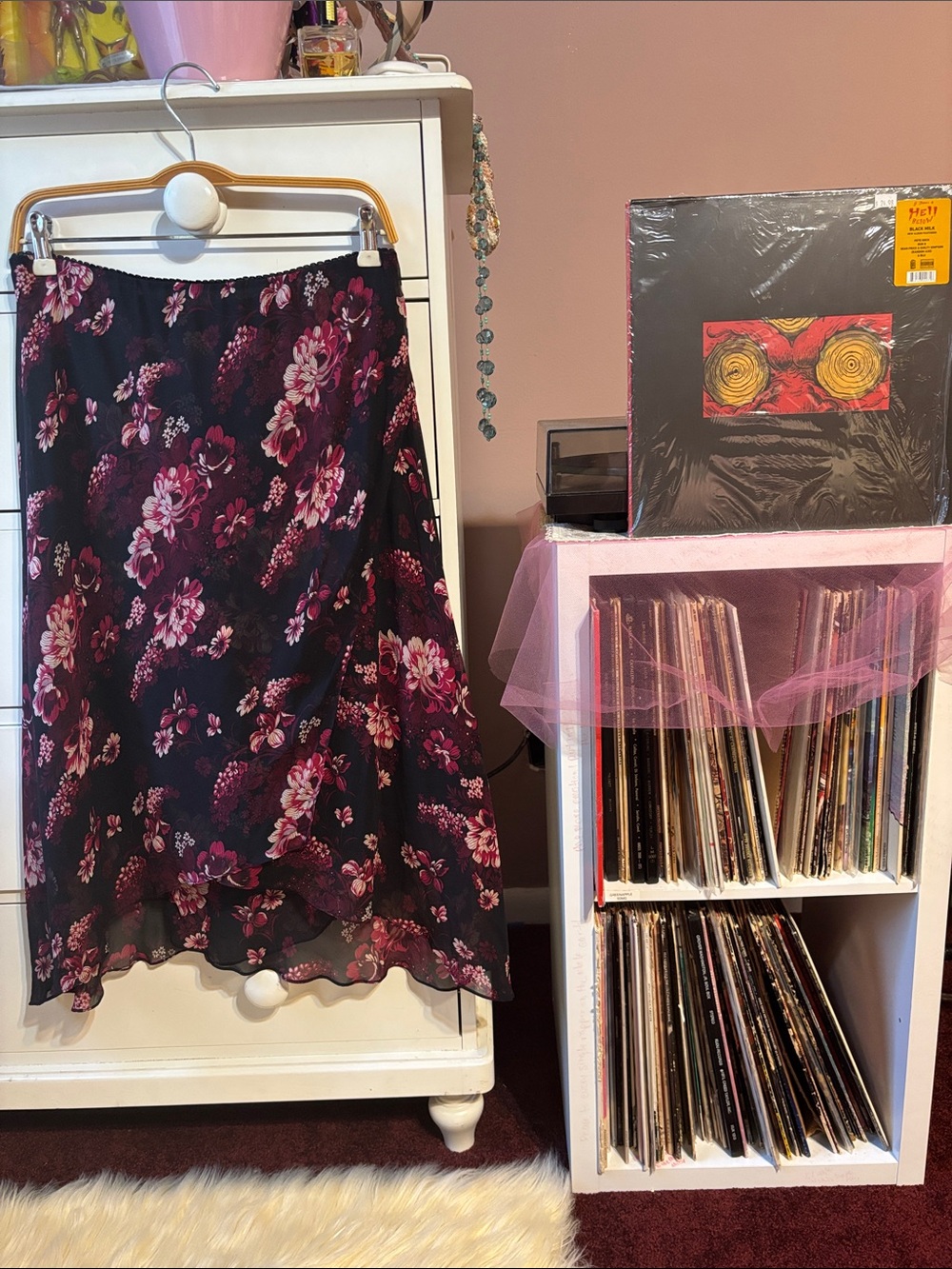 Y2K Silk Pink Floral Vintage Asymmetrical Bias Printed Black Skirt 10 Midi Fairy